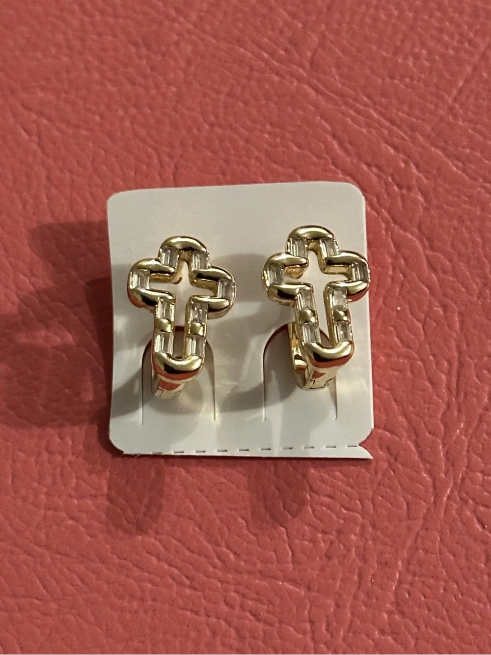 Gold Cross Huggie Earrings Religious 14kGP
